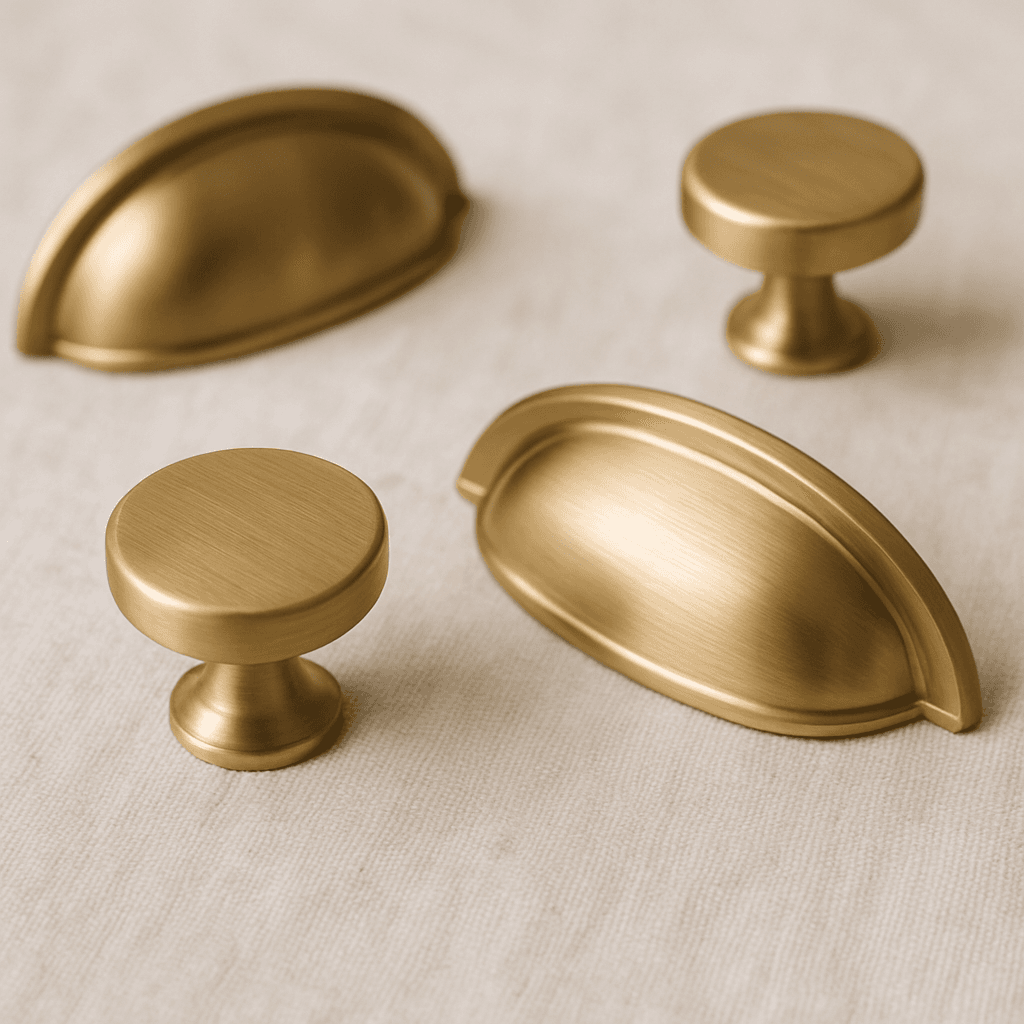Brushed brass cabinet knobs and cup pulls arranged on warm cream linen